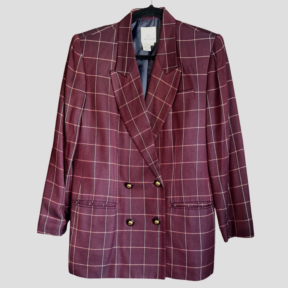 Vintage En Avance Burgundy Windowpane Plaid‎ Blazer Size